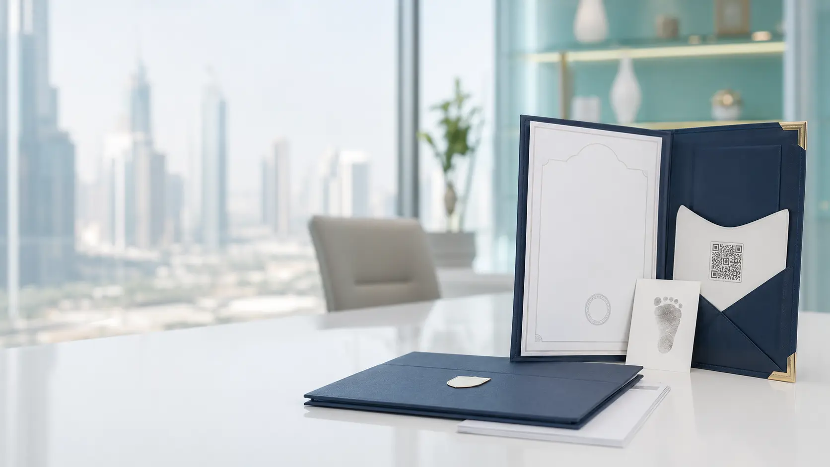 Birth certificate documentation folder in a Dubai office