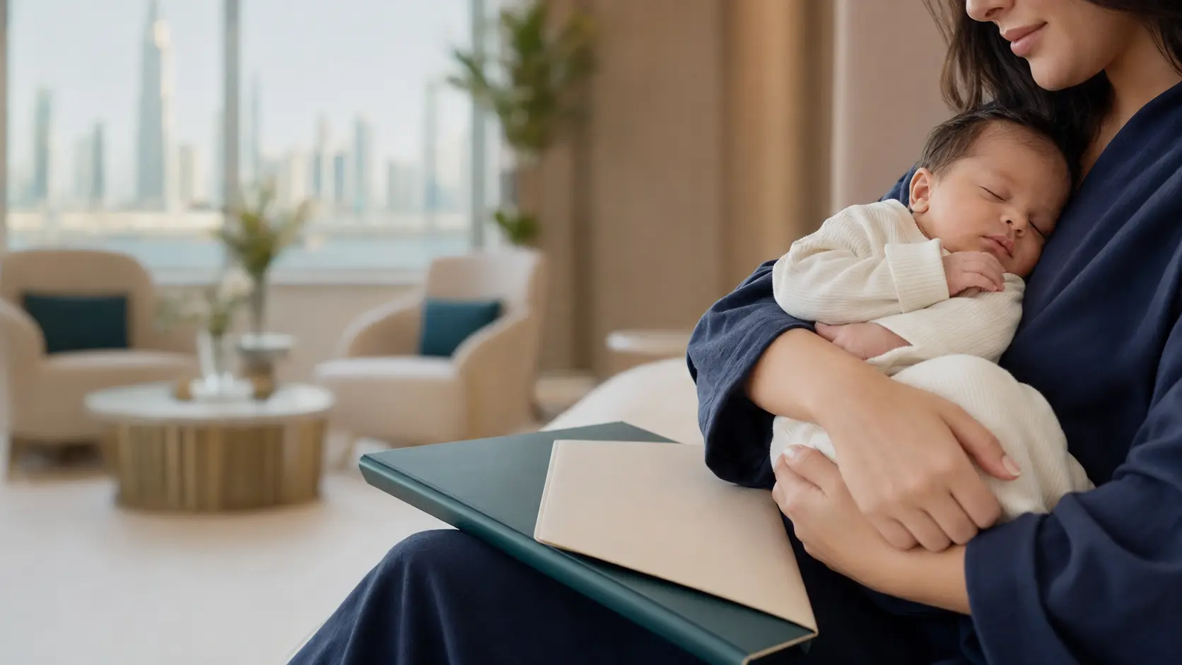 Parent holding a newborn beside a birth documentation folder