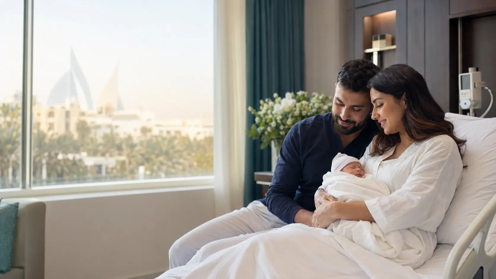 Parents with their newborn in a calm hospital room
