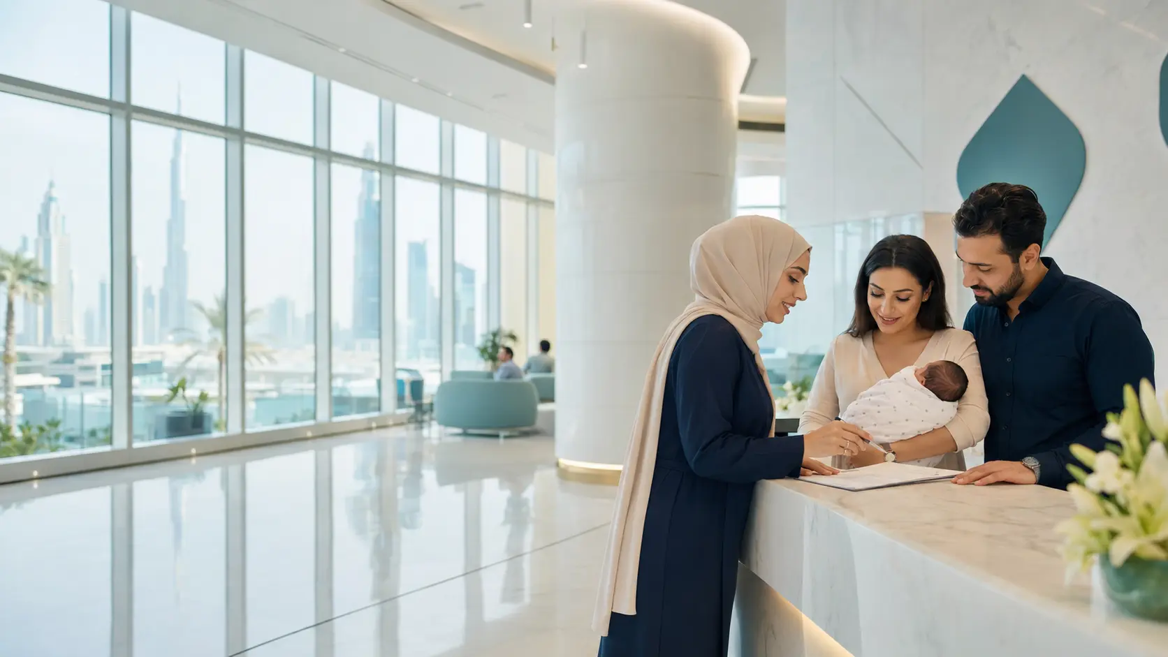 Family receiving newborn documentation support at a modern hospital
