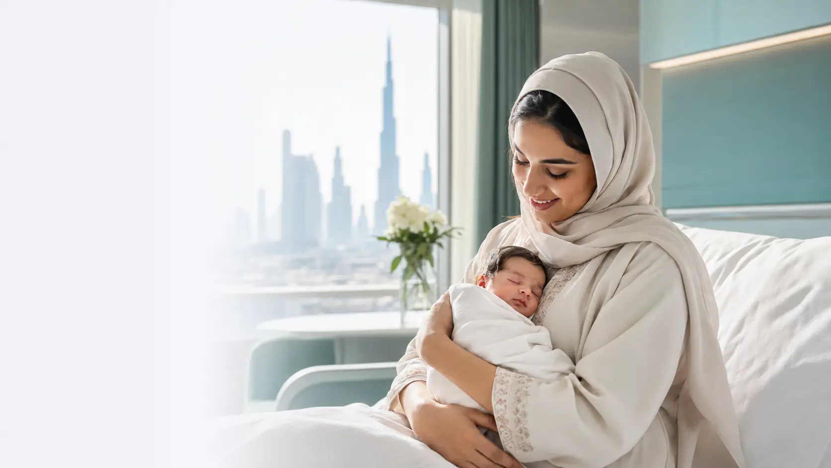 Mother holding her newborn in a modern Dubai hospital room